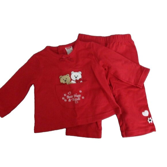 Fisher Price Girls 2-Piece Outfit 6/9 Mos Red Shirt & Pants Bear Hugs & Kisses - Picture 1 of 7